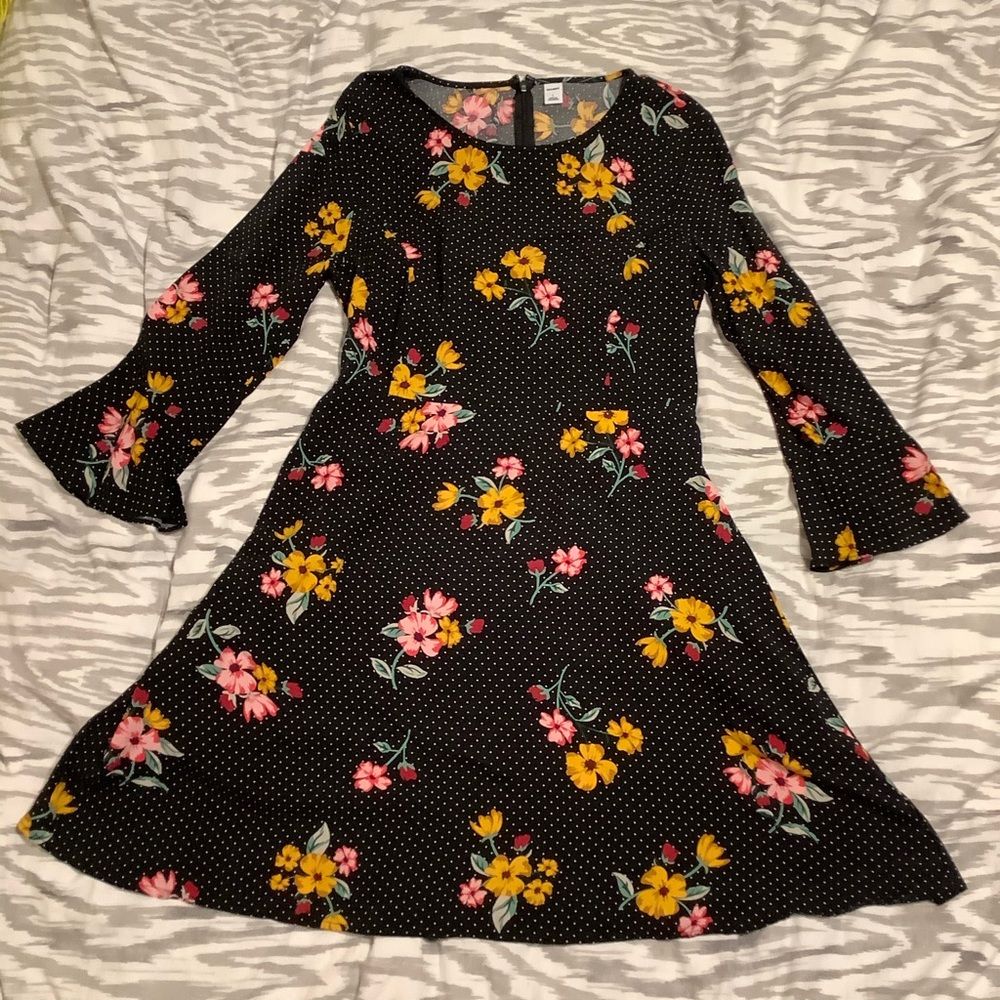 Black fit and flare dress with bell sleeves